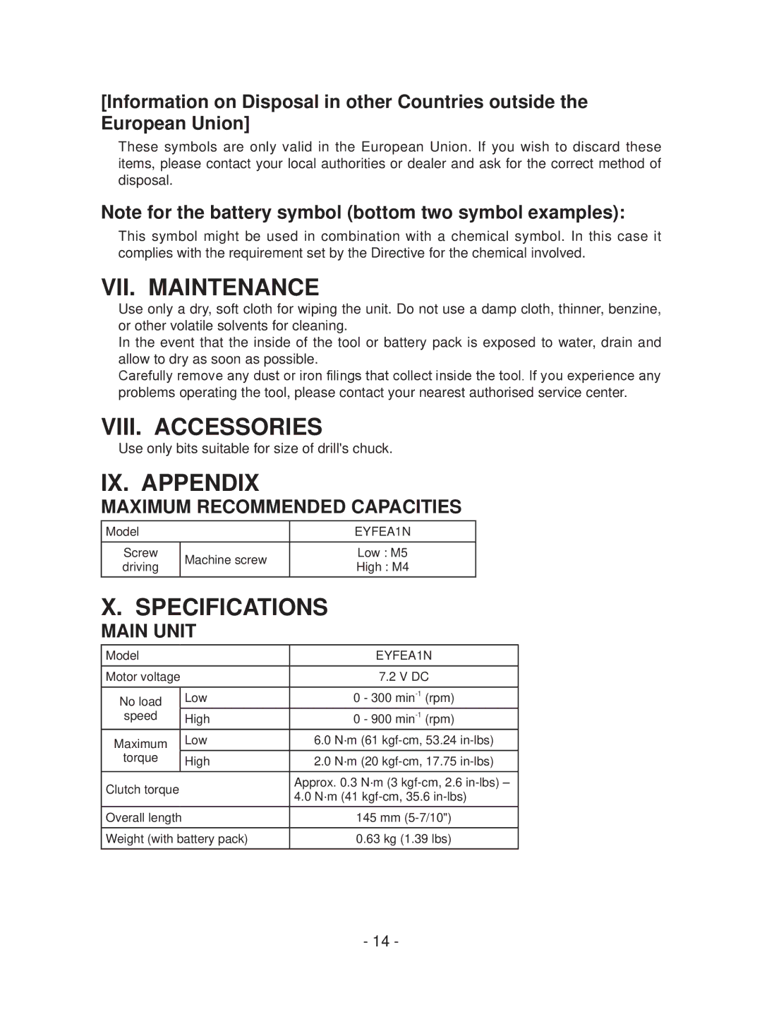 Panasonic EYFEA1N operating instructions VII. Maintenance, VIII. Accessories, IX. Appendix, Specifications 