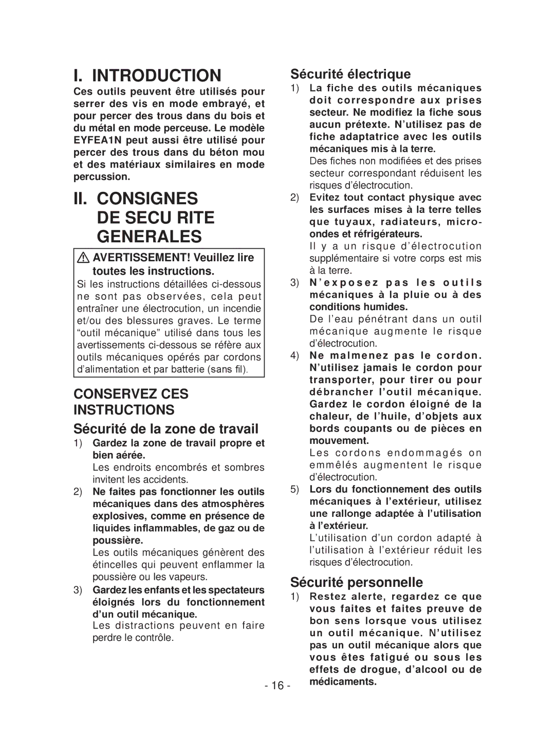 Panasonic EYFEA1N operating instructions II. Consignes, DE Secu Rite, Generales, Conservez CES, Instructions 