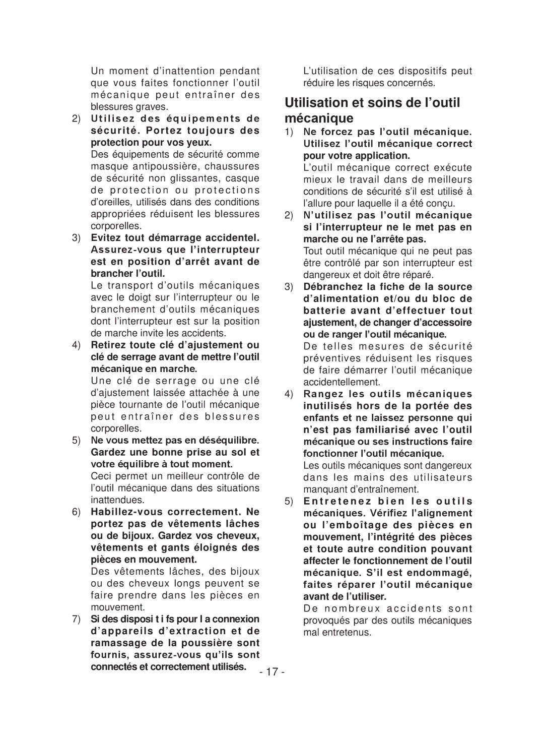 Panasonic EYFEA1N operating instructions Utilisation et soins de l’outil mécanique 