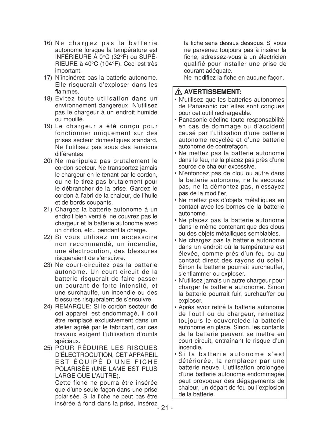 Panasonic EYFEA1N operating instructions Avertissement 