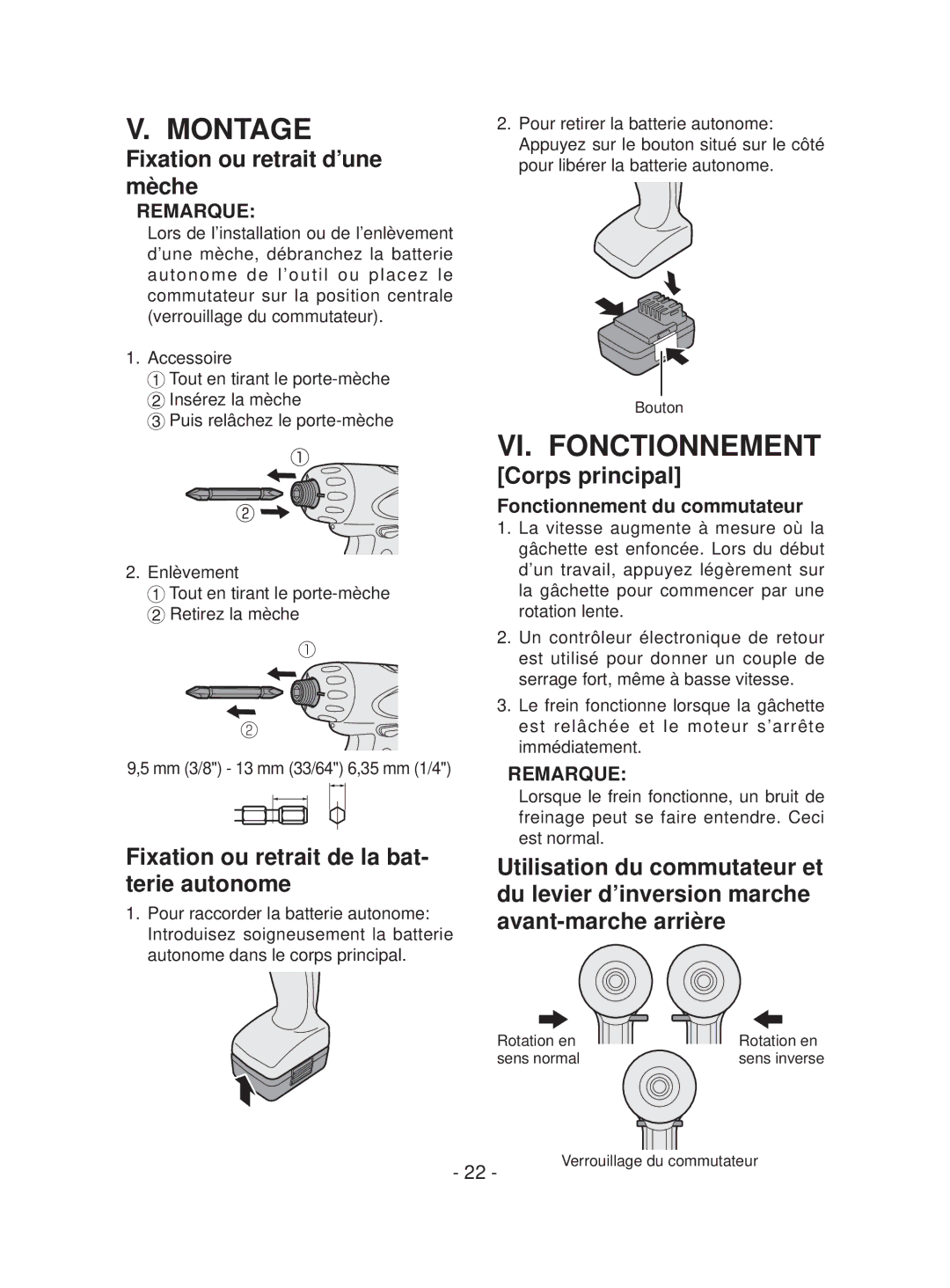 Panasonic EYFEA1N operating instructions Montage, VI. Fonctionnement, Fixation ou retrait d’une mèche, Corps principal 