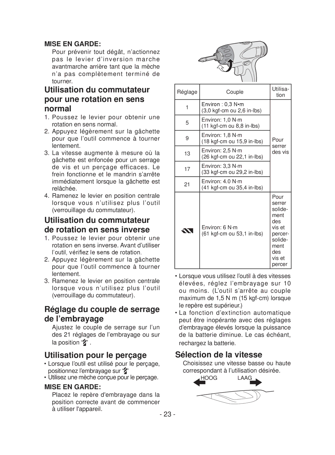 Panasonic EYFEA1N Utilisation du commutateur pour une rotation en sens normal, Réglage du couple de serrage de l’embrayage 