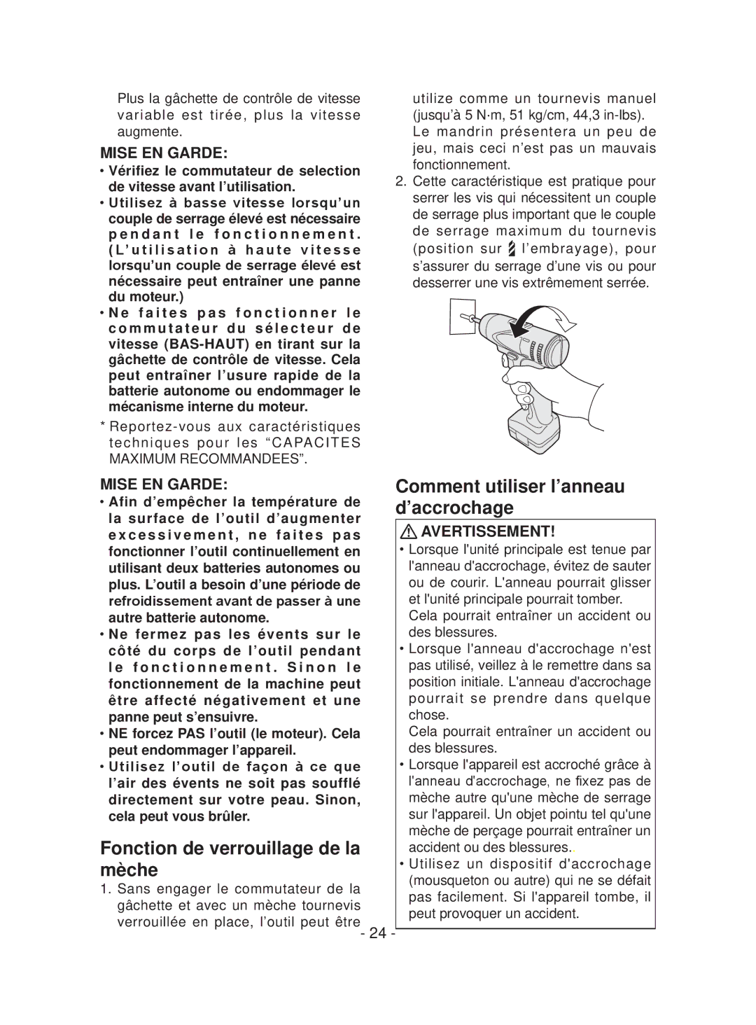 Panasonic EYFEA1N operating instructions Comment utiliser l’anneau, ’accrochage, Fonction de verrouillage de la, Mèche 