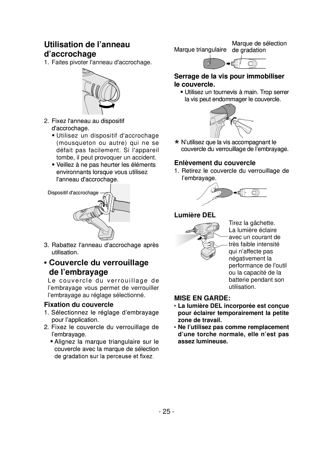 Panasonic EYFEA1N operating instructions Utilisation de l’anneau d’accrochage, Couvercle du verrouillage de l’embrayage 