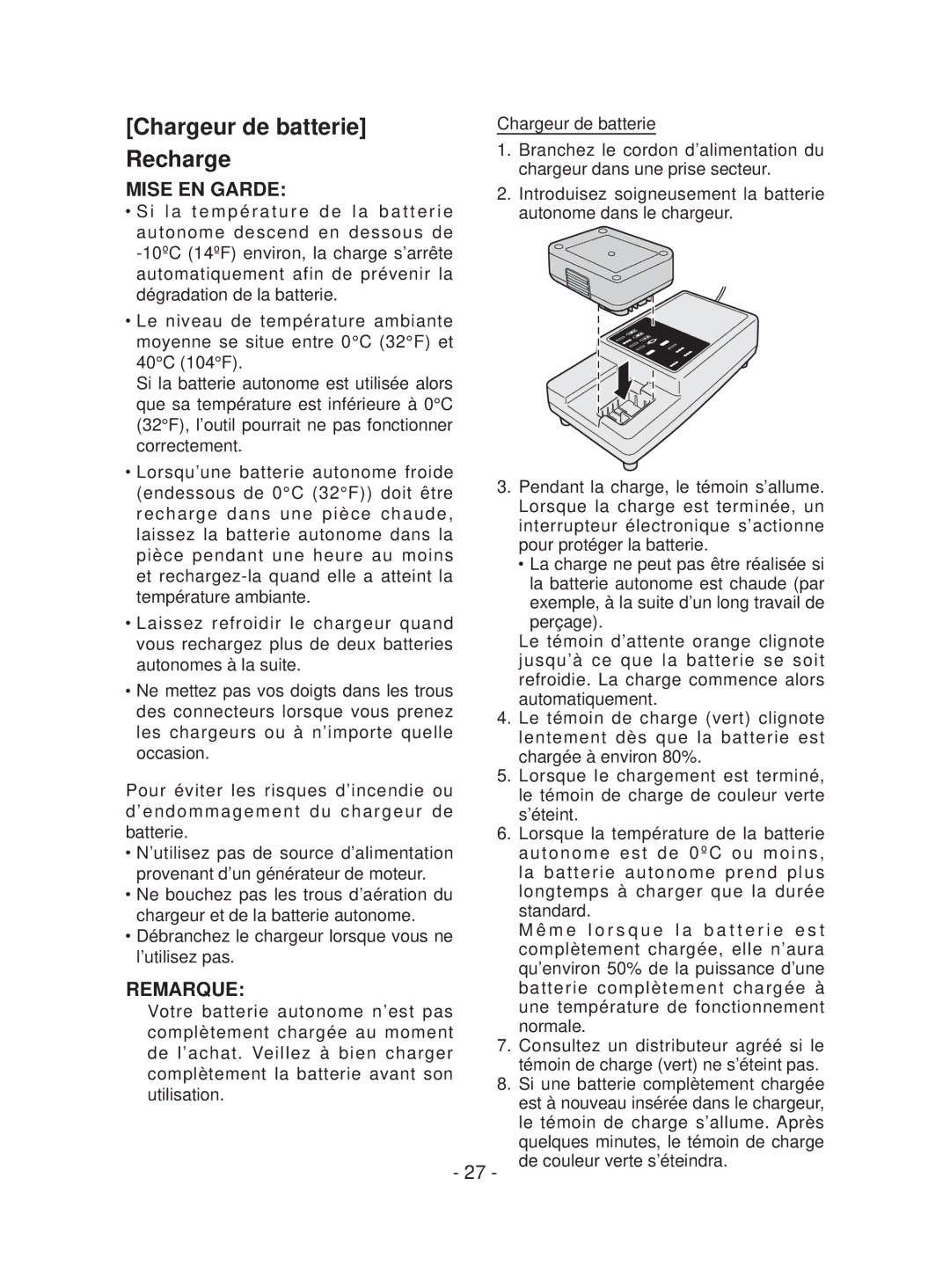 Panasonic EYFEA1N operating instructions Chargeur de batterie Recharge, Remarque 