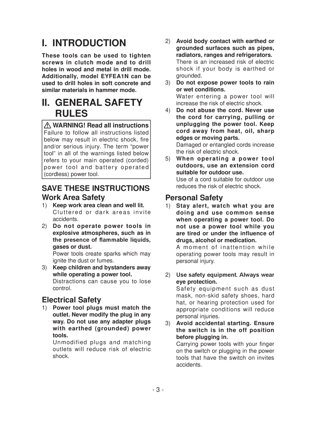 Panasonic EYFEA1N operating instructions Introduction, II. General Safety Rules, Electrical Safety, Personal Safety 