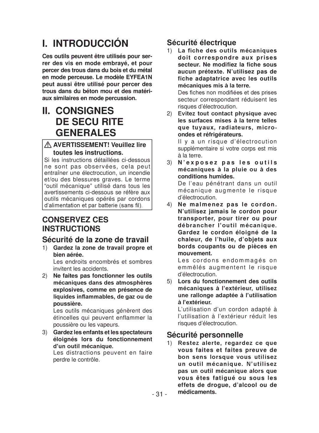 Panasonic EYFEA1N operating instructions Introducción, Sécurité électrique 