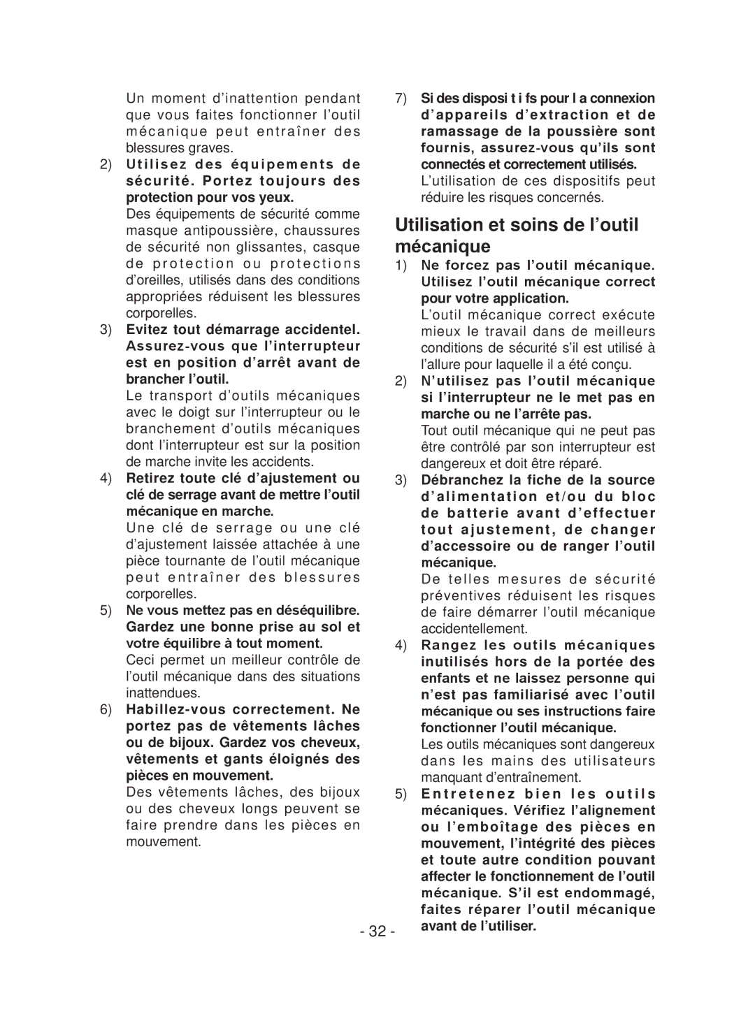 Panasonic EYFEA1N operating instructions Utilisation et soins de l’outil mécanique 