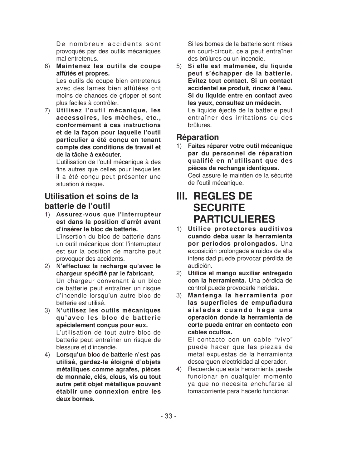 Panasonic EYFEA1N operating instructions III. Regles DE Securite Particulieres 