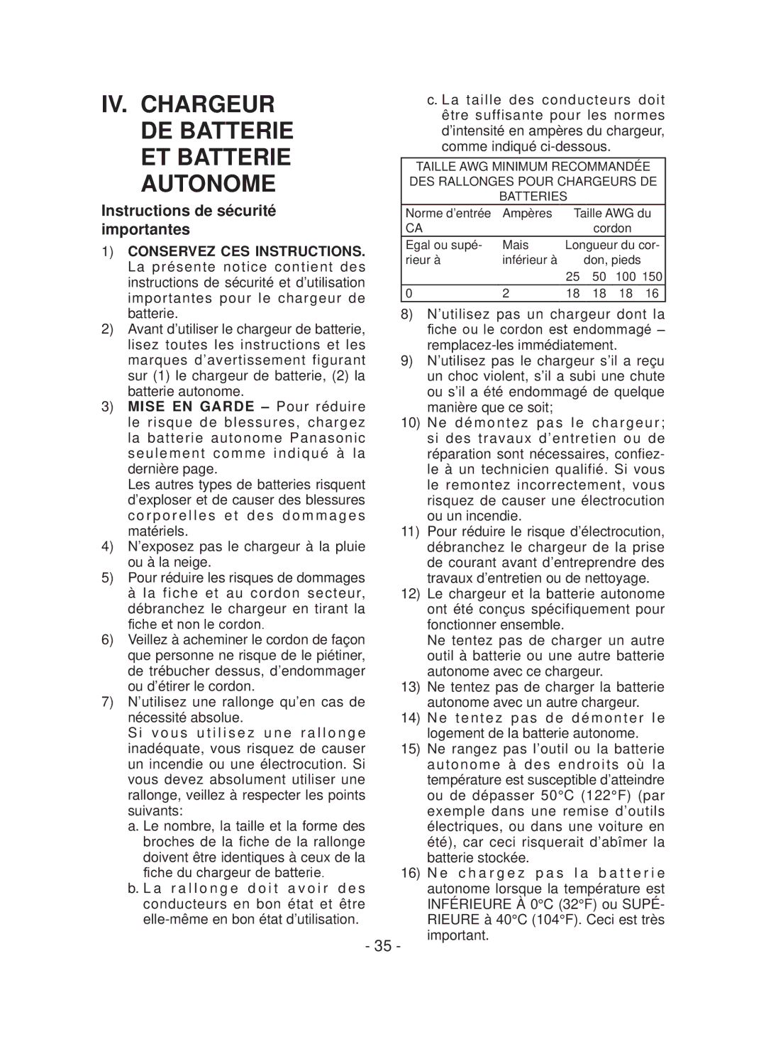 Panasonic EYFEA1N operating instructions IV. Chargeur DE Batterie ET Batterie Autonome 