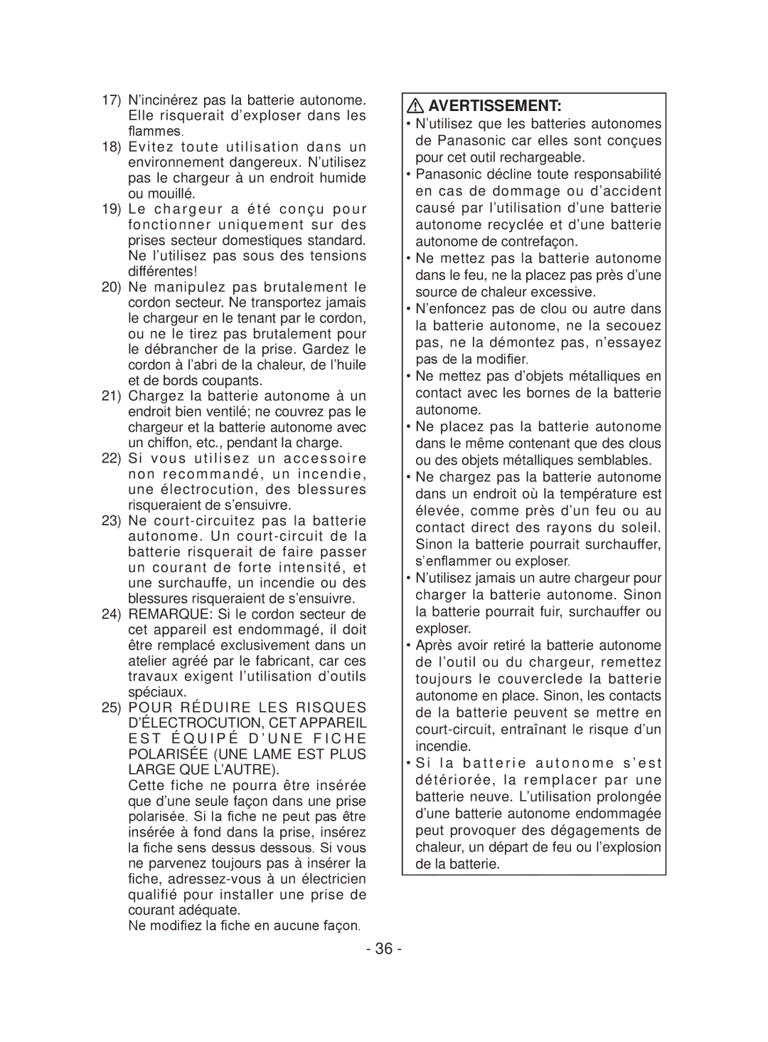 Panasonic EYFEA1N operating instructions Avertissement 