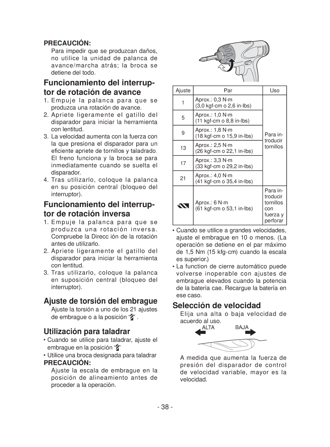 Panasonic EYFEA1N Funcionamiento del interrup- tor de rotación de avance, Ajuste de torsión del embrague 