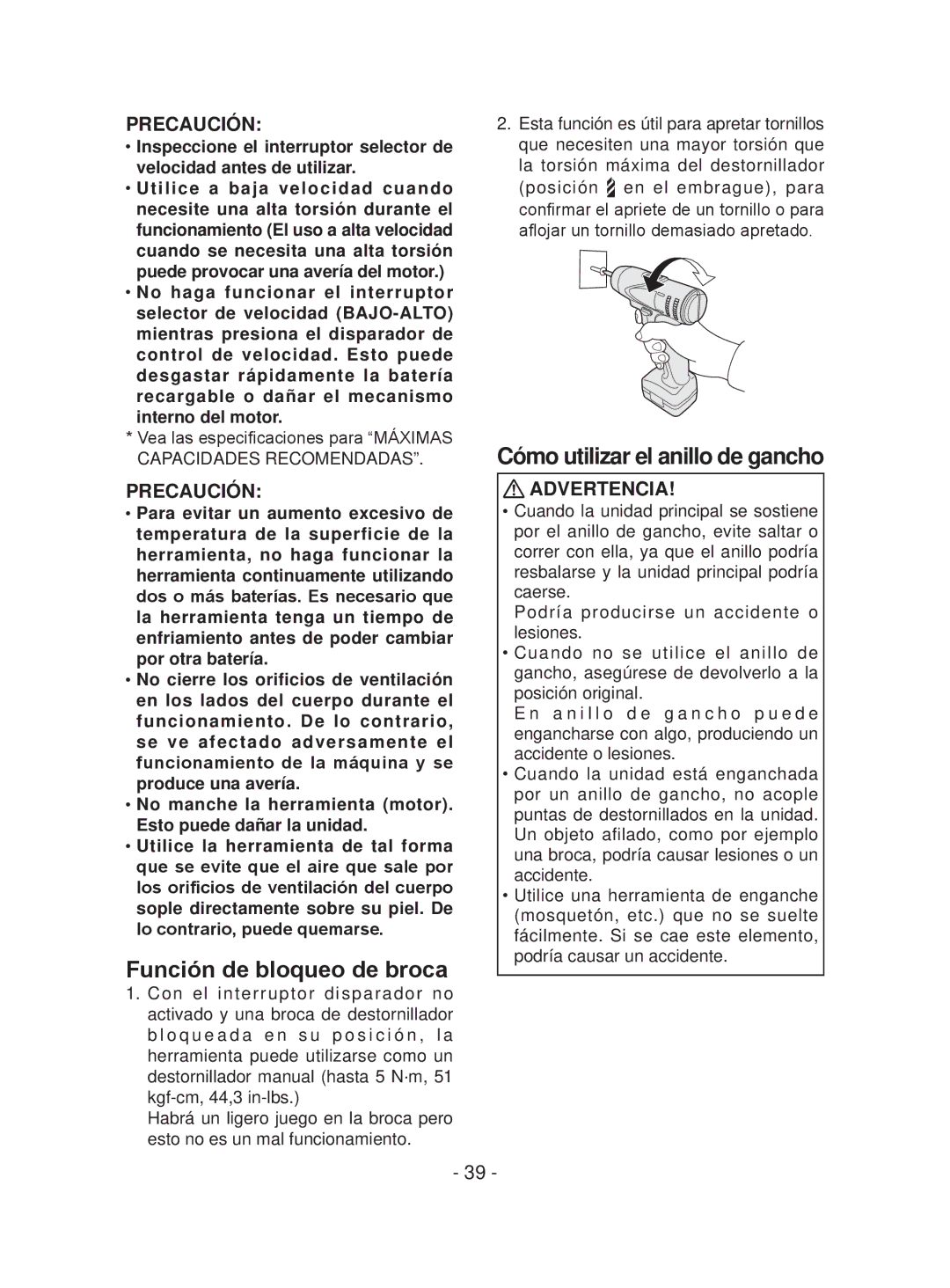 Panasonic EYFEA1N operating instructions Función de bloqueo de broca, Cómo utilizar el anillo de gancho, Advertencia 