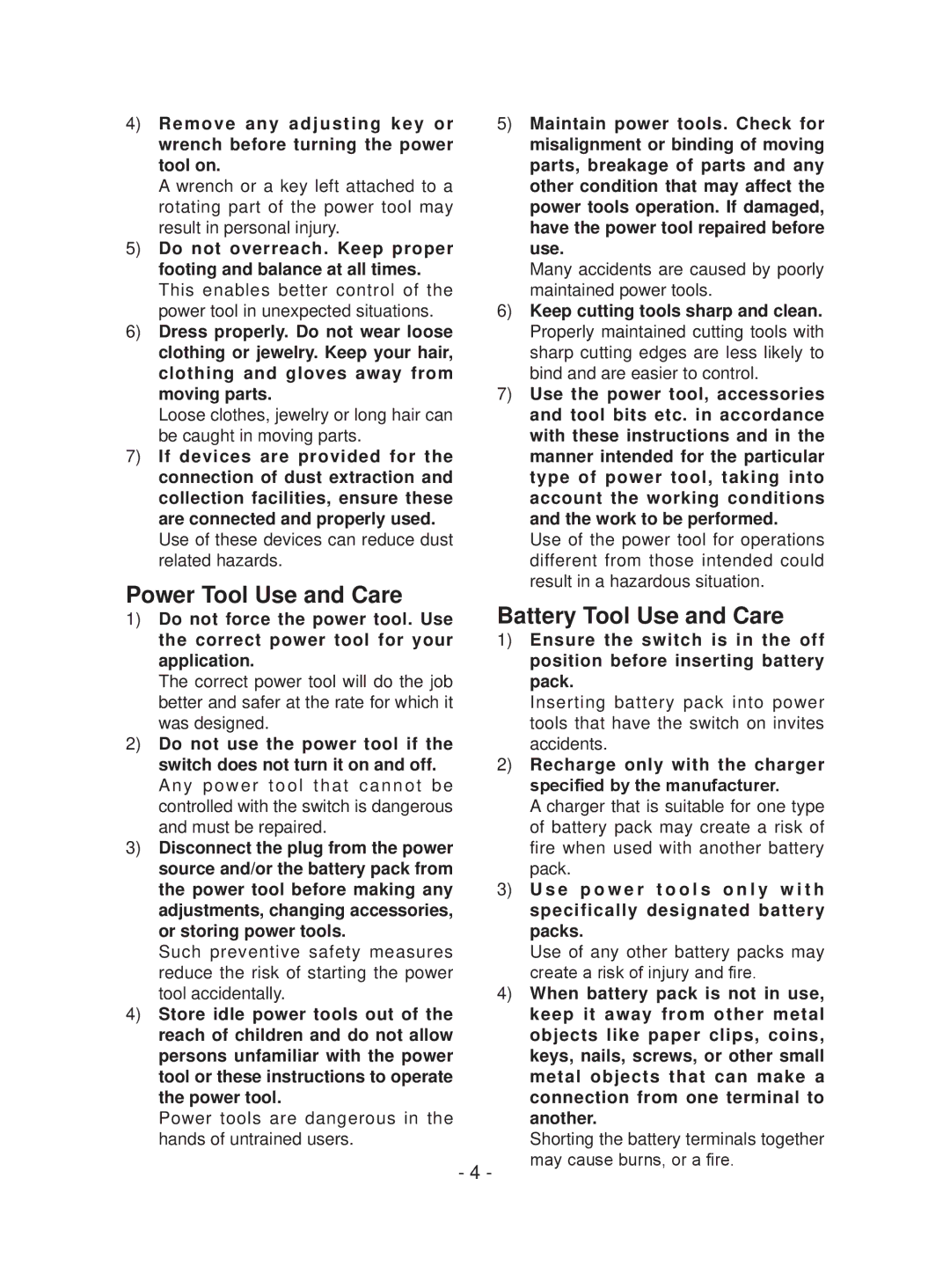 Panasonic EYFEA1N operating instructions Power Tool Use and Care, Battery Tool Use and Care 