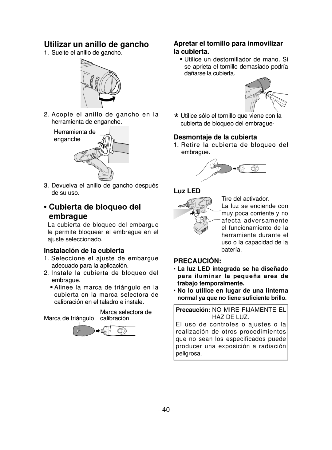 Panasonic EYFEA1N operating instructions Utilizar un anillo de gancho, Cubierta de bloqueo del embrague 