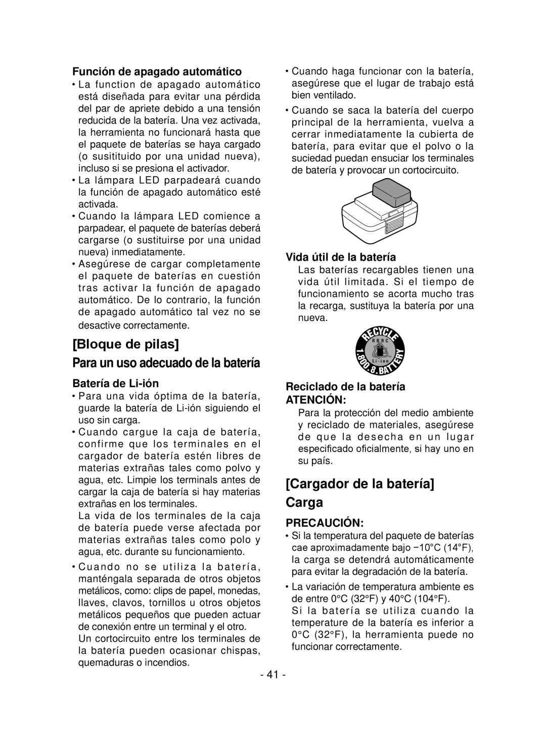 Panasonic EYFEA1N operating instructions Bloque de pilas, Cargador de la batería Carga, Atención 