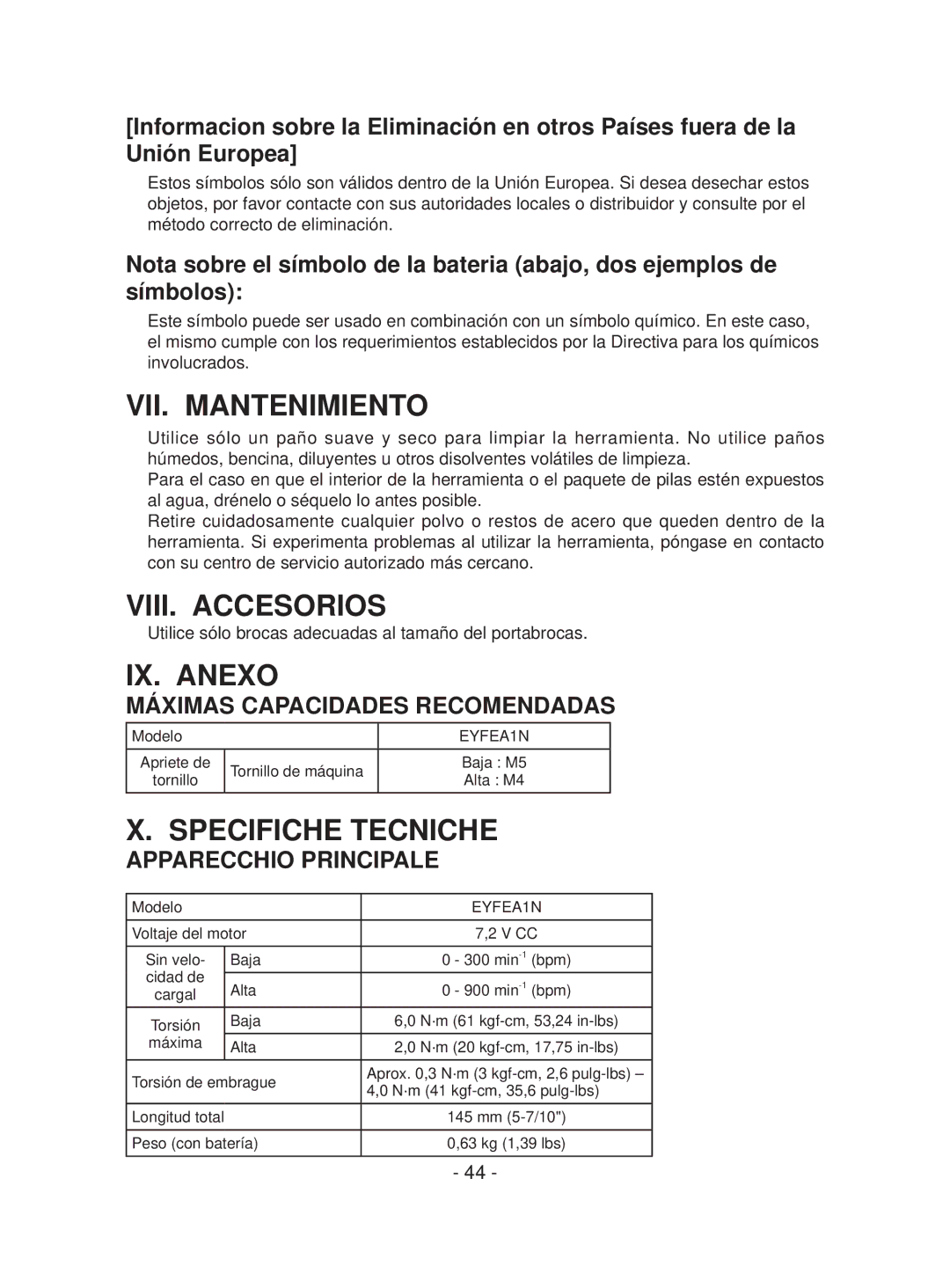 Panasonic EYFEA1N operating instructions VII. Mantenimiento, VIII. Accesorios, IX. Anexo, Specifiche Tecniche 