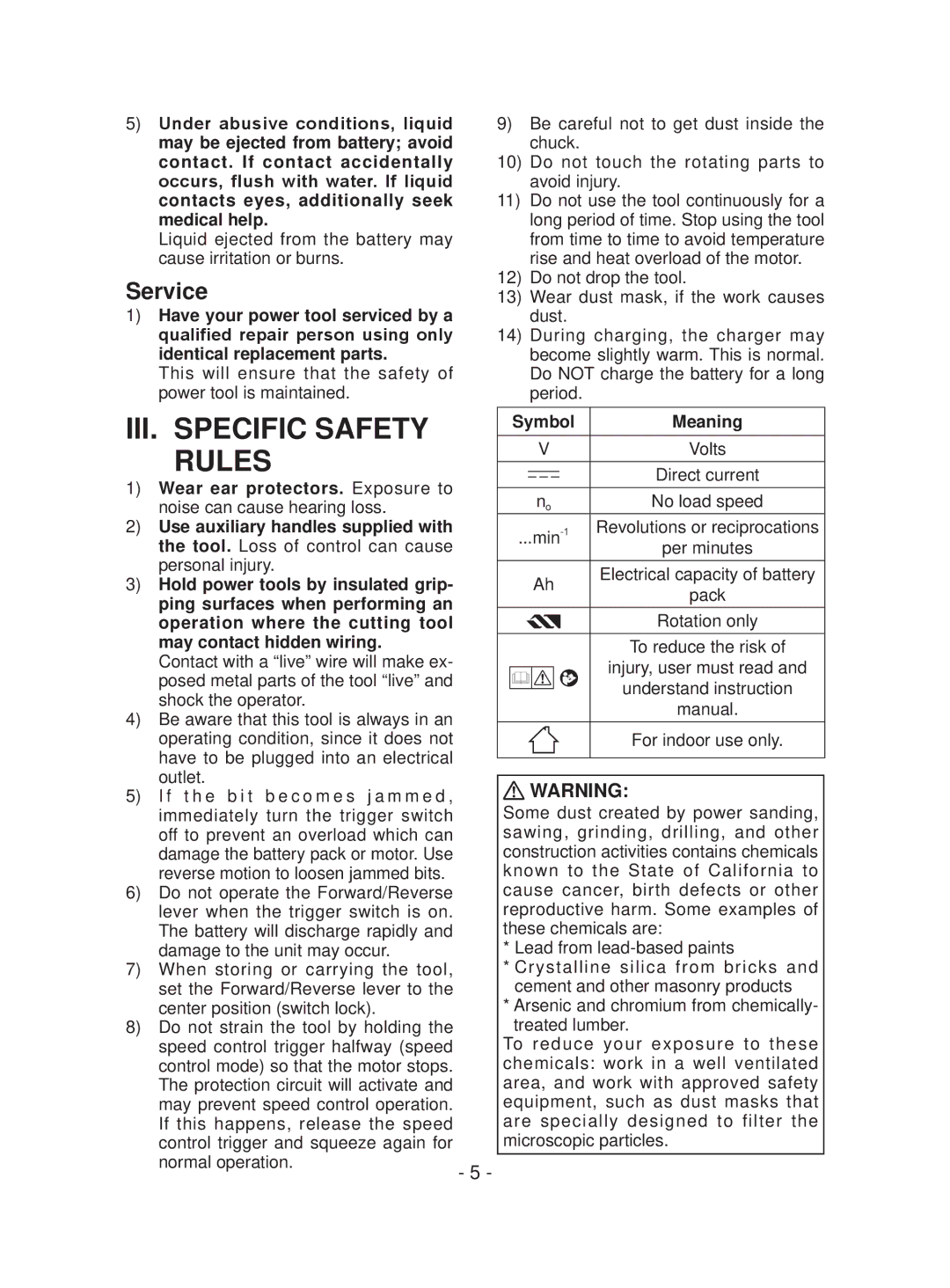 Panasonic EYFEA1N operating instructions III. Specific Safety Rules, Service 