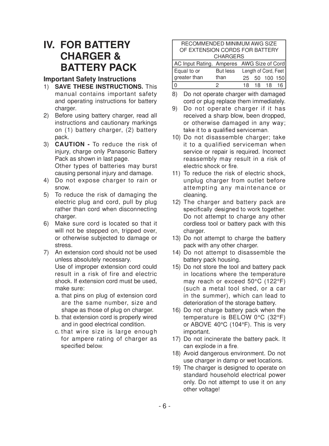 Panasonic EYFEA1N operating instructions IV. for Battery Charger & Battery Pack, Important Safety Instructions 