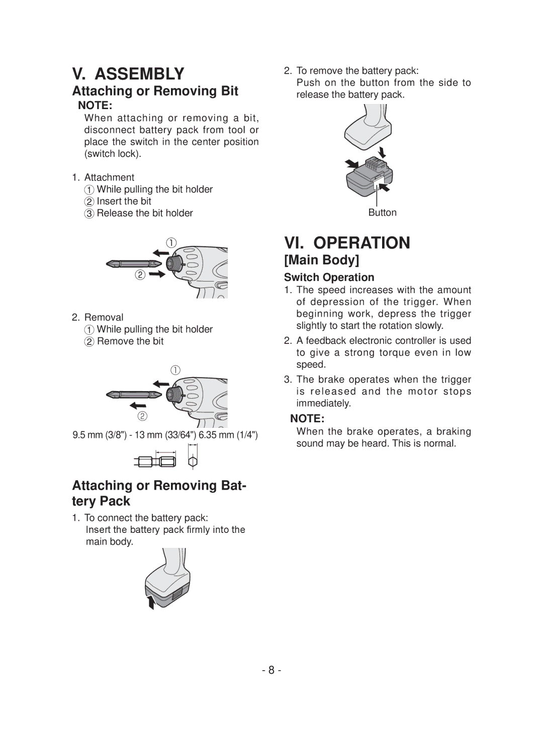 Panasonic EYFEA1N Assembly, VI. Operation, Attaching or Removing Bit, Attaching or Removing Bat- tery Pack, Main Body 