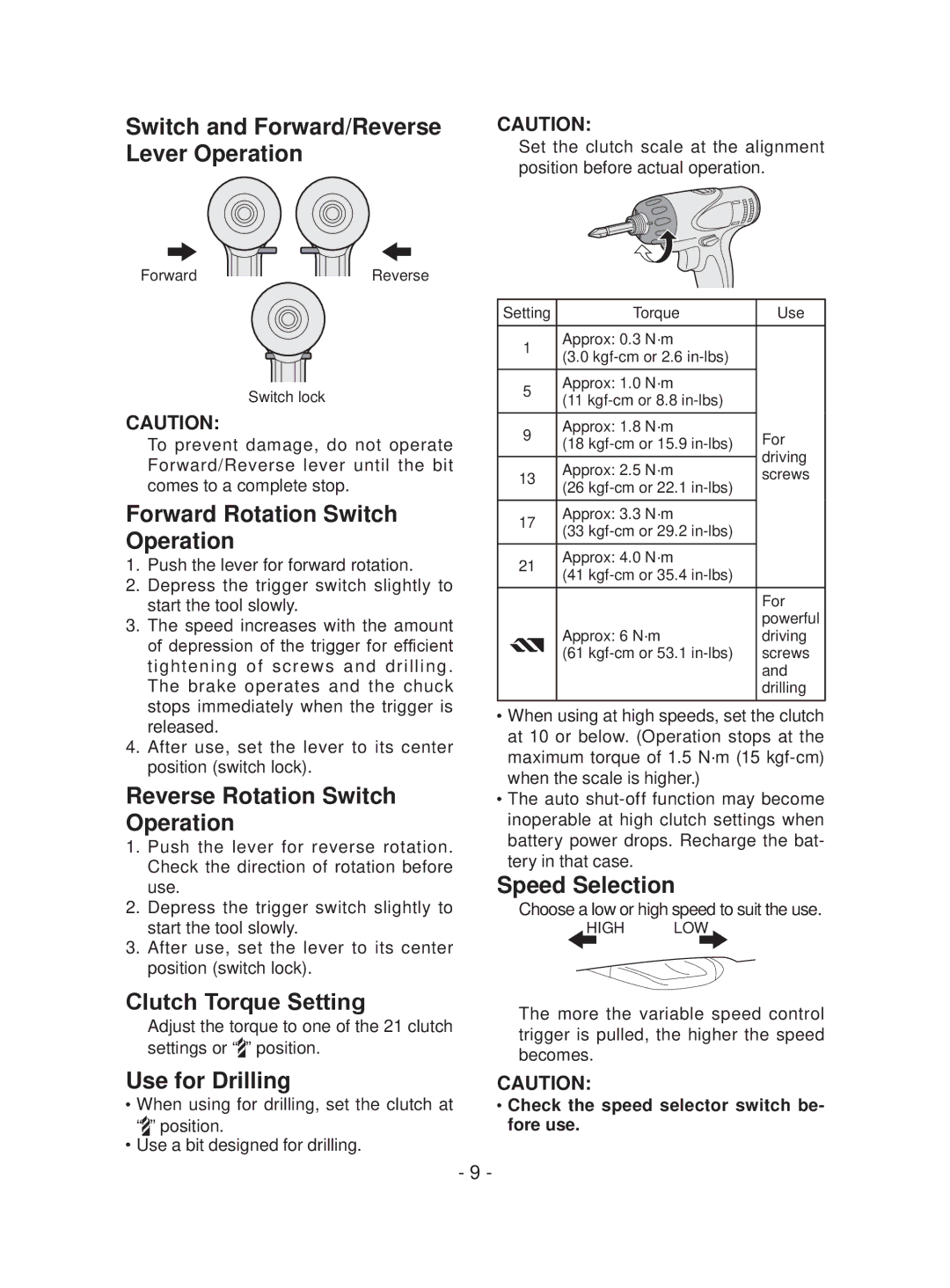 Panasonic EYFEA1N Switch and Forward/Reverse Lever Operation, Forward Rotation Switch Operation, Clutch Torque Setting 