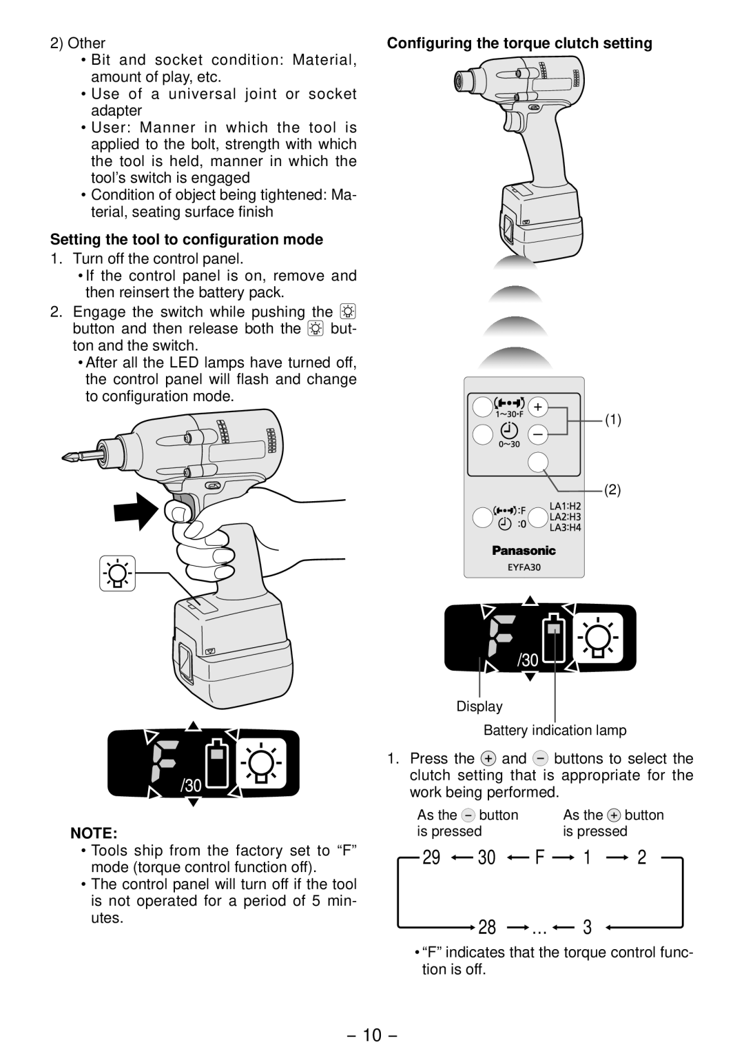 Panasonic EYFLA1A, EYFLA2Q, EYFLA3J, EYFLA2A Setting the tool to configuration mode, Configuring the torque clutch setting 