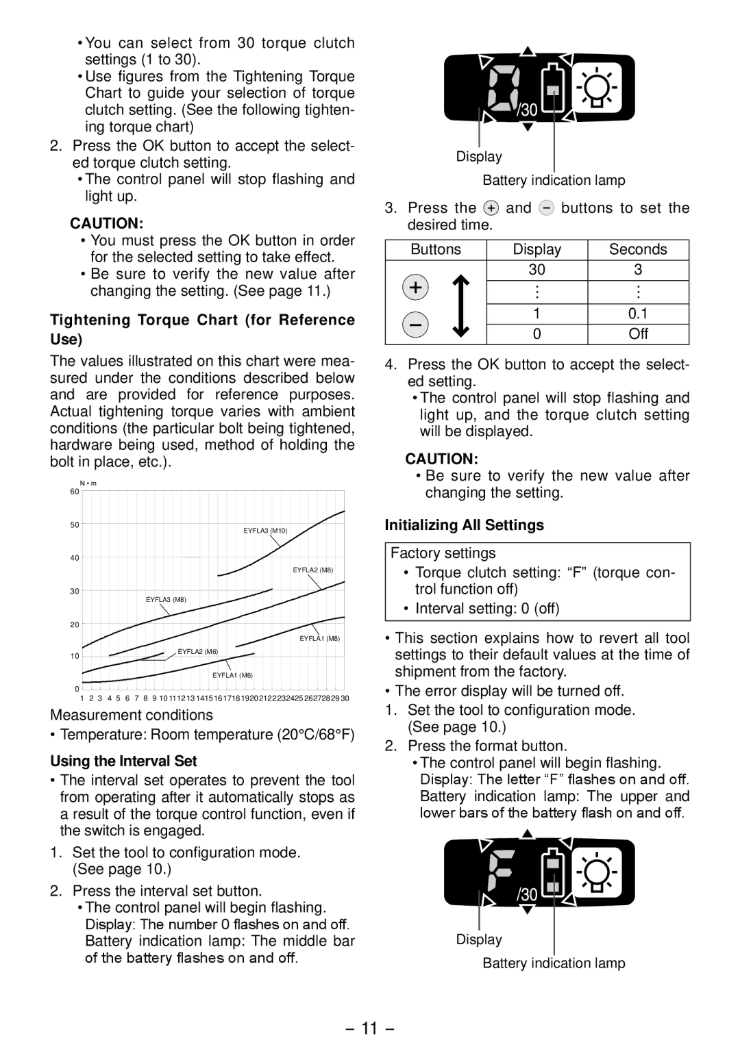 Panasonic EYFLA2A, EYFLA2Q Tightening Torque Chart for Reference Use, Using the Interval Set, Initializing All Settings 