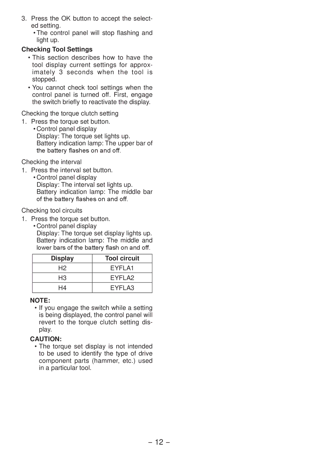 Panasonic EYFLA2Q, EYFLA3J, EYFLA1A, EYFLA2A operating instructions Checking Tool Settings, Display 