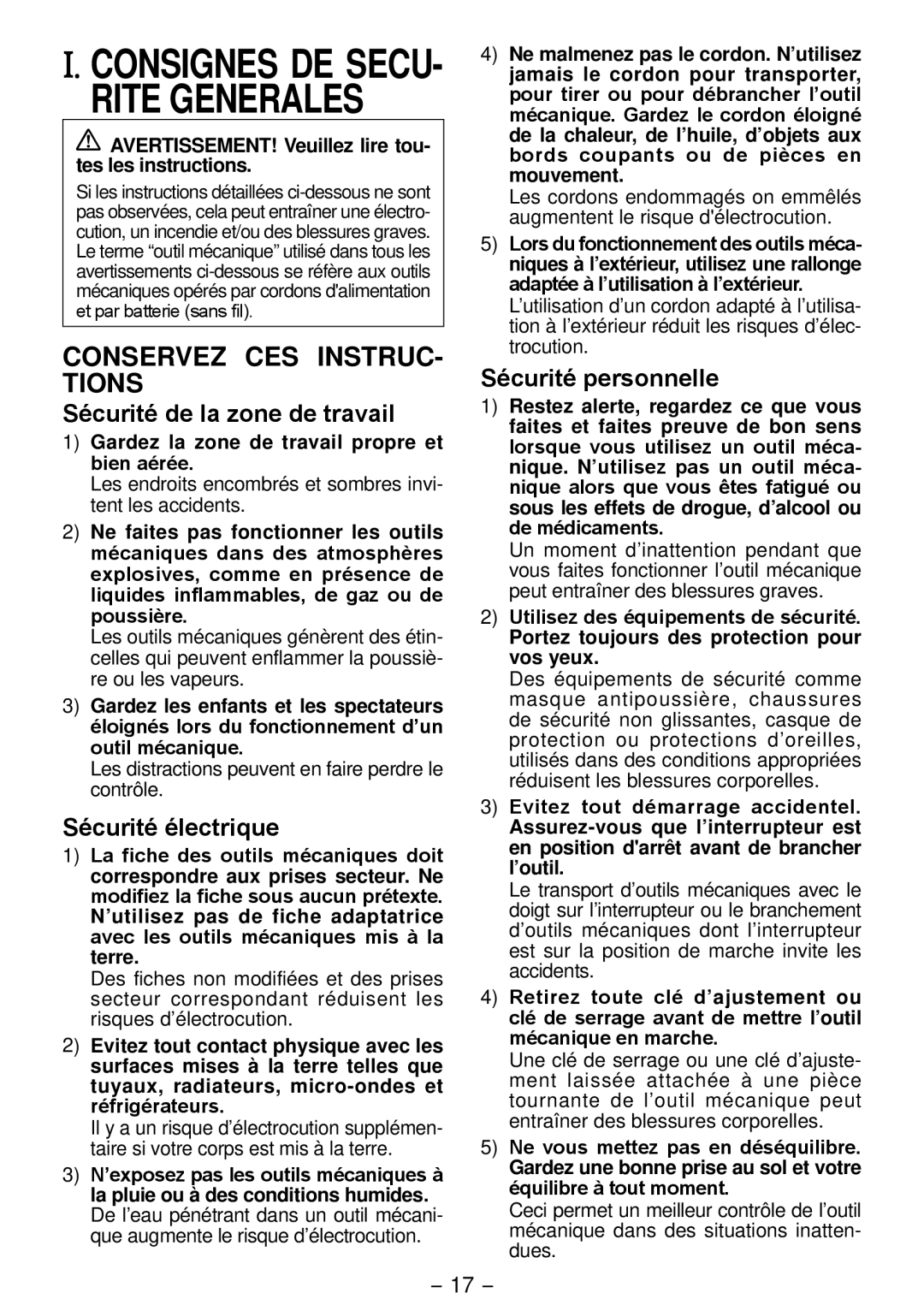 Panasonic EYFLA3J, EYFLA2Q Consignes DE SECU­, Sécurité de la zone de travail, Sécurité électrique, Sécurité personnelle 