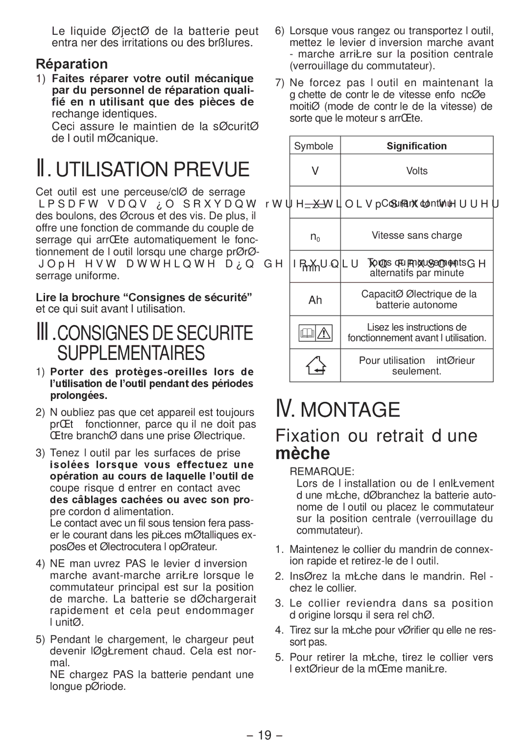 Panasonic EYFLA2A II. Utilisation Prevue, Supplementaires, IV. Montage, Fixation ou retrait d’une mèche, Réparation 