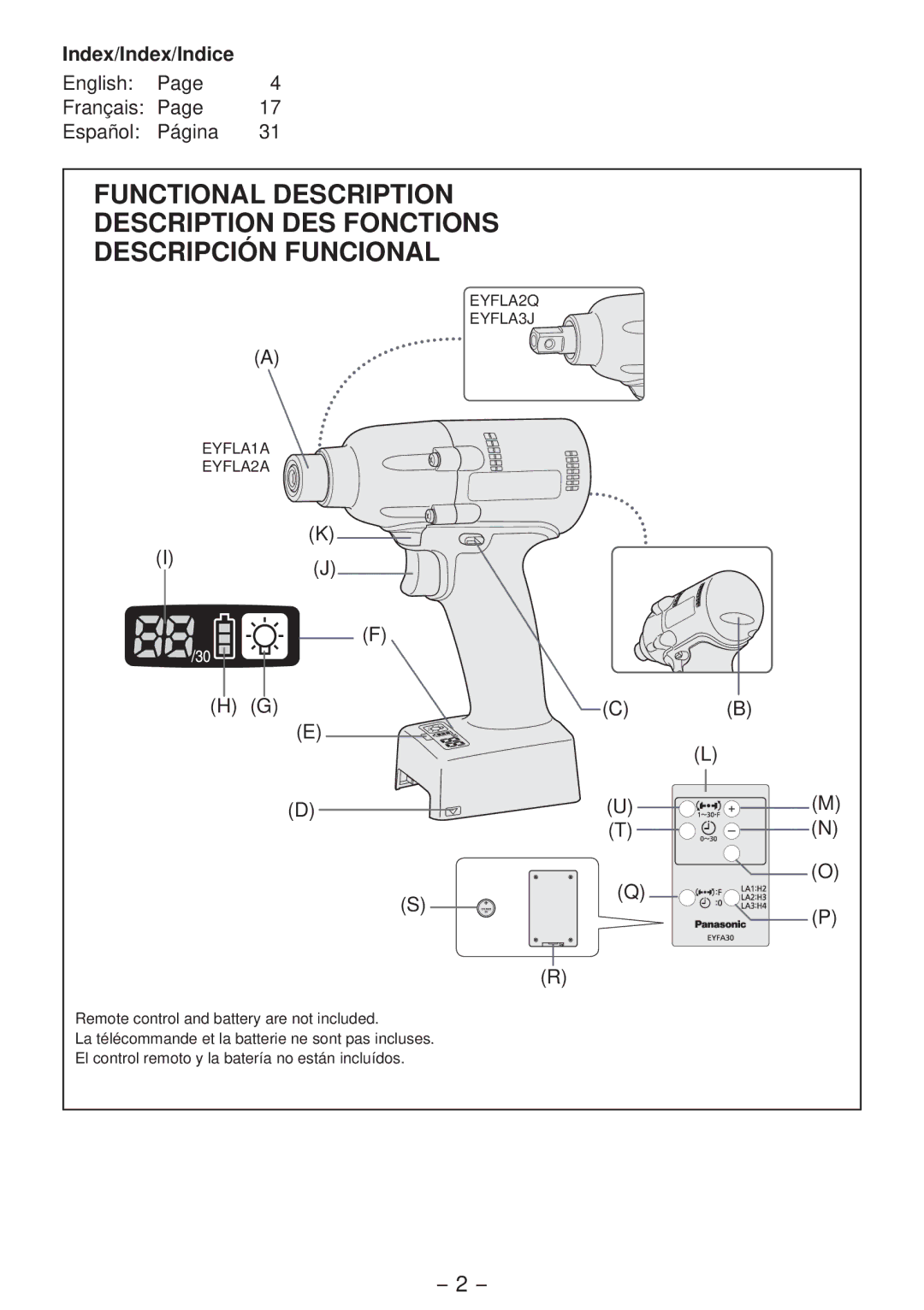 Panasonic EYFLA1A, EYFLA2Q, EYFLA3J, EYFLA2A operating instructions Index/Index/Indice 