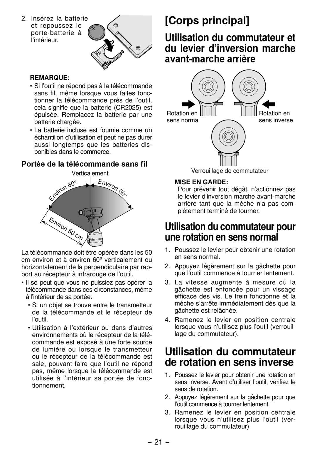 Panasonic EYFLA3J, EYFLA2Q, EYFLA1A, EYFLA2A Corps principal, Utilisation du commutateur pour une rotation en sens normal 