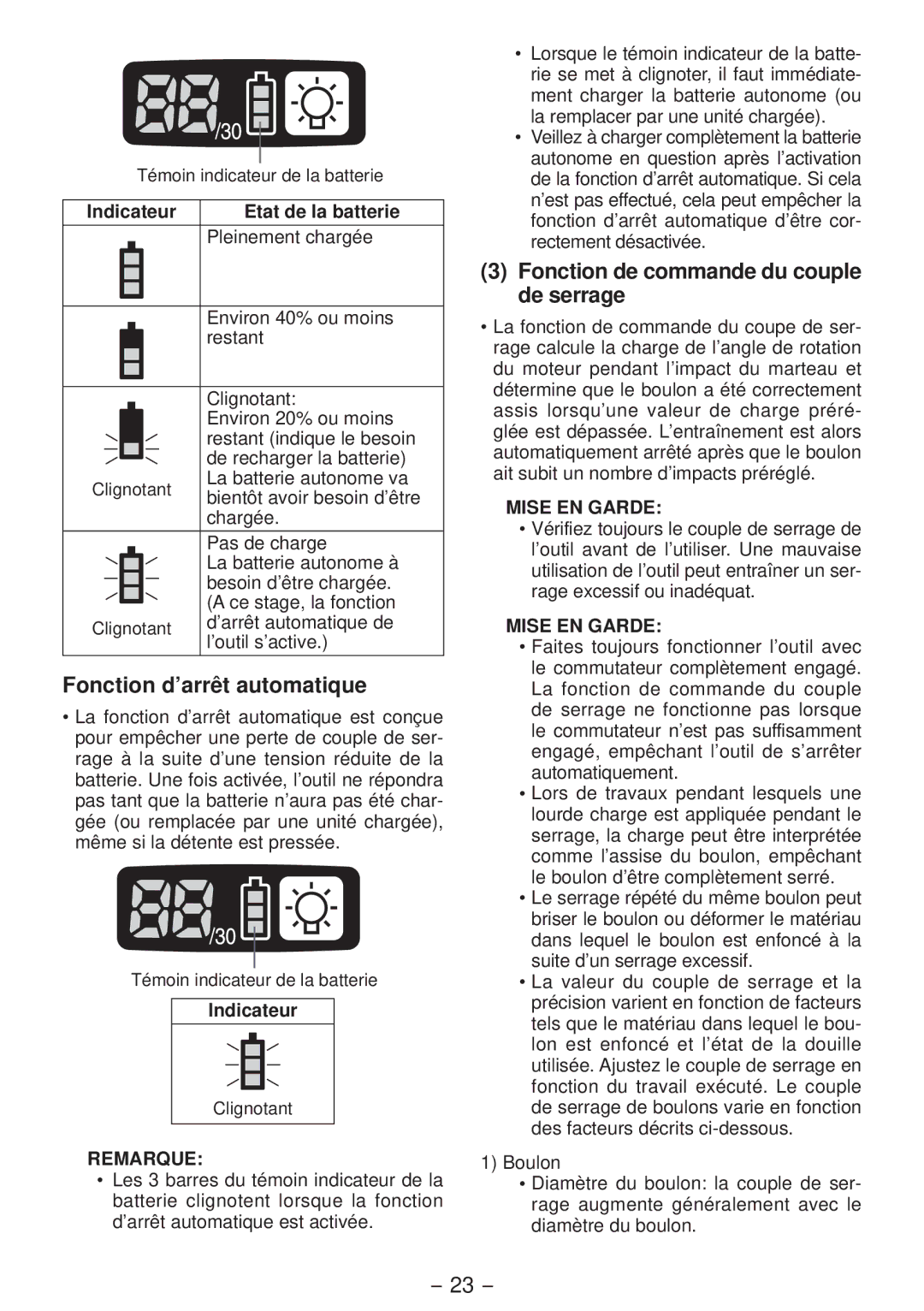 Panasonic EYFLA2A Fonction d’arrêt automatique, Fonction de commande du couple de serrage, Etat de la batterie, Indicateur 