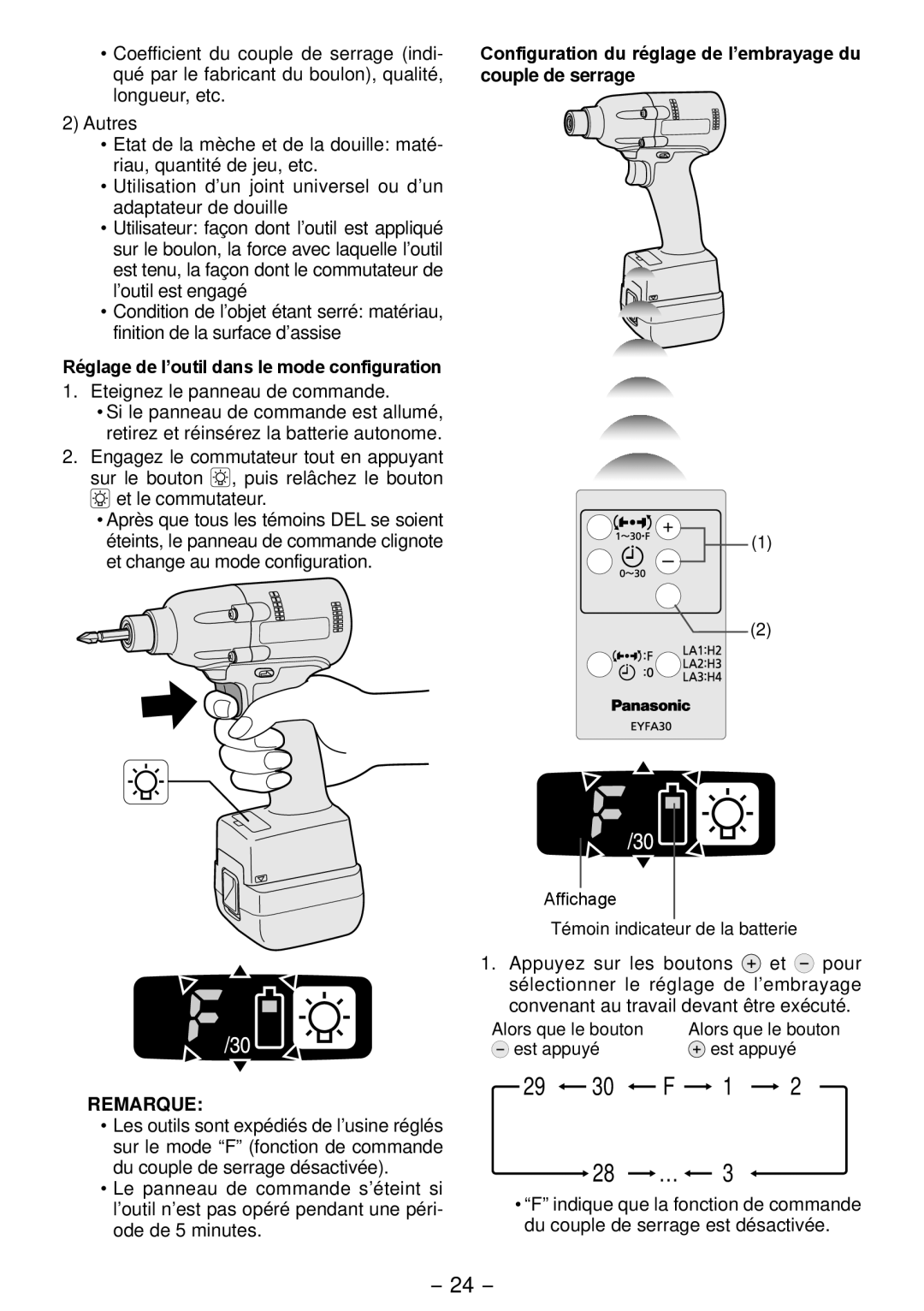 Panasonic EYFLA2Q, EYFLA3J, EYFLA1A, EYFLA2A operating instructions Réglage de l’outil dans le mode configuration 