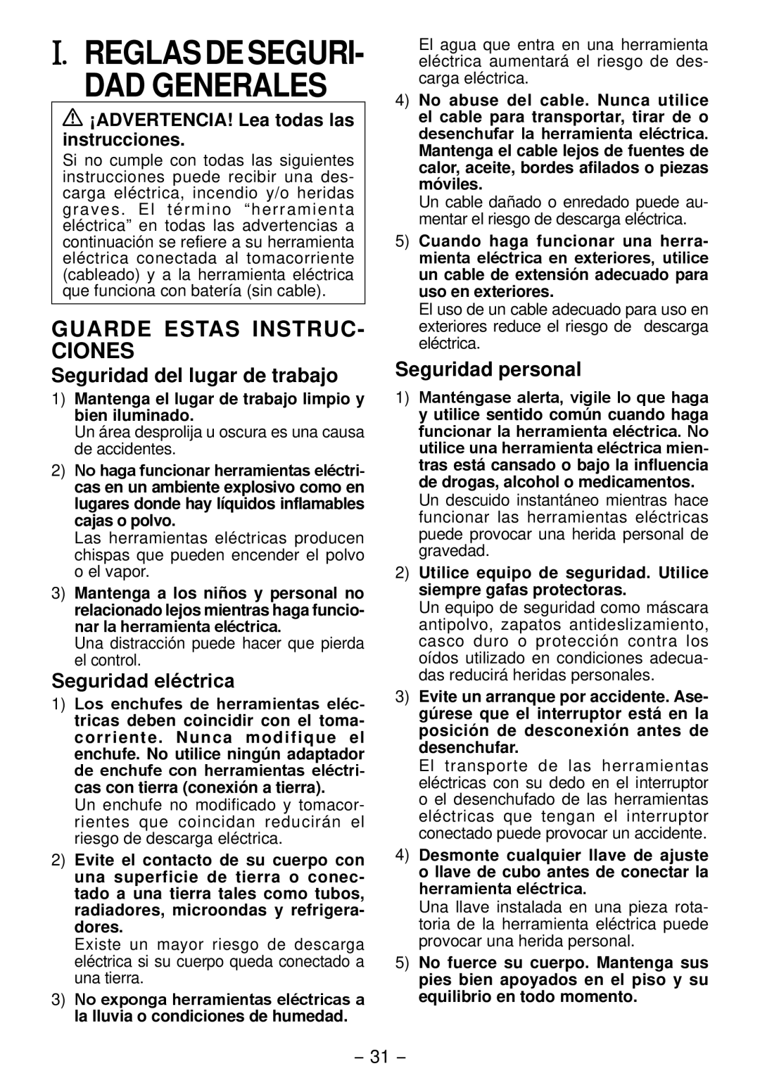 Panasonic EYFLA2A, EYFLA2Q, EYFLA3J, EYFLA1A Seguridad del lugar de trabajo, Seguridad eléctrica, Seguridad personal 