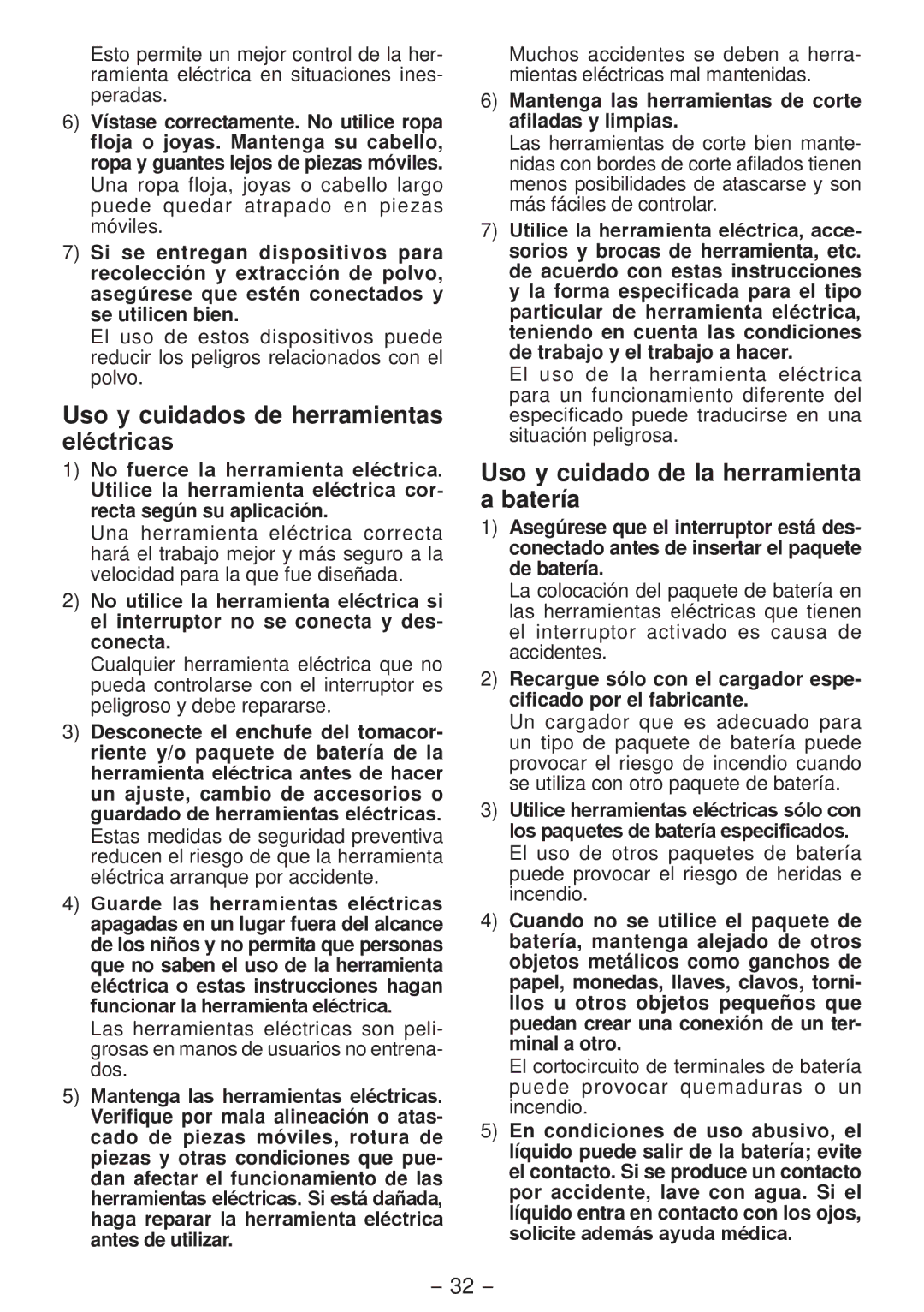 Panasonic EYFLA2Q, EYFLA3J, EYFLA1A Uso y cuidados de herramientas eléctricas, Uso y cuidado de la herramienta a batería 