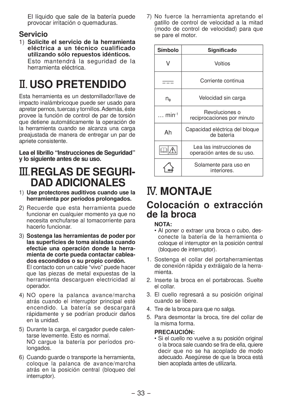 Panasonic EYFLA3J, EYFLA2Q, EYFLA1A II. USO Pretendido, III.REGLAS DE SEGURI­ DAD Adicionales, IV. Montaje, Servicio 