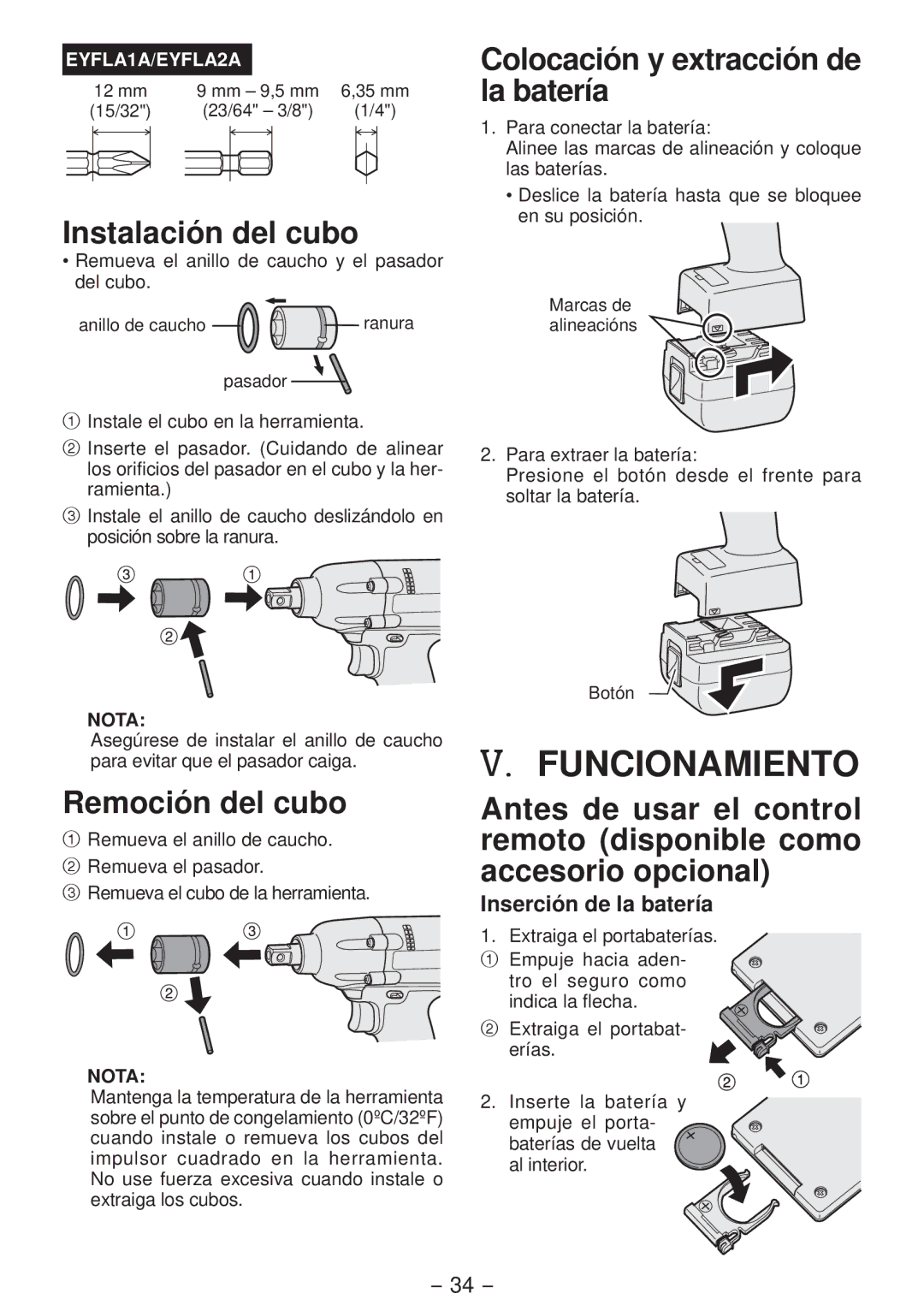 Panasonic EYFLA1A, EYFLA2Q Funcionamiento, Instalación del cubo, Remoción del cubo, Colocación y extracción de la batería 