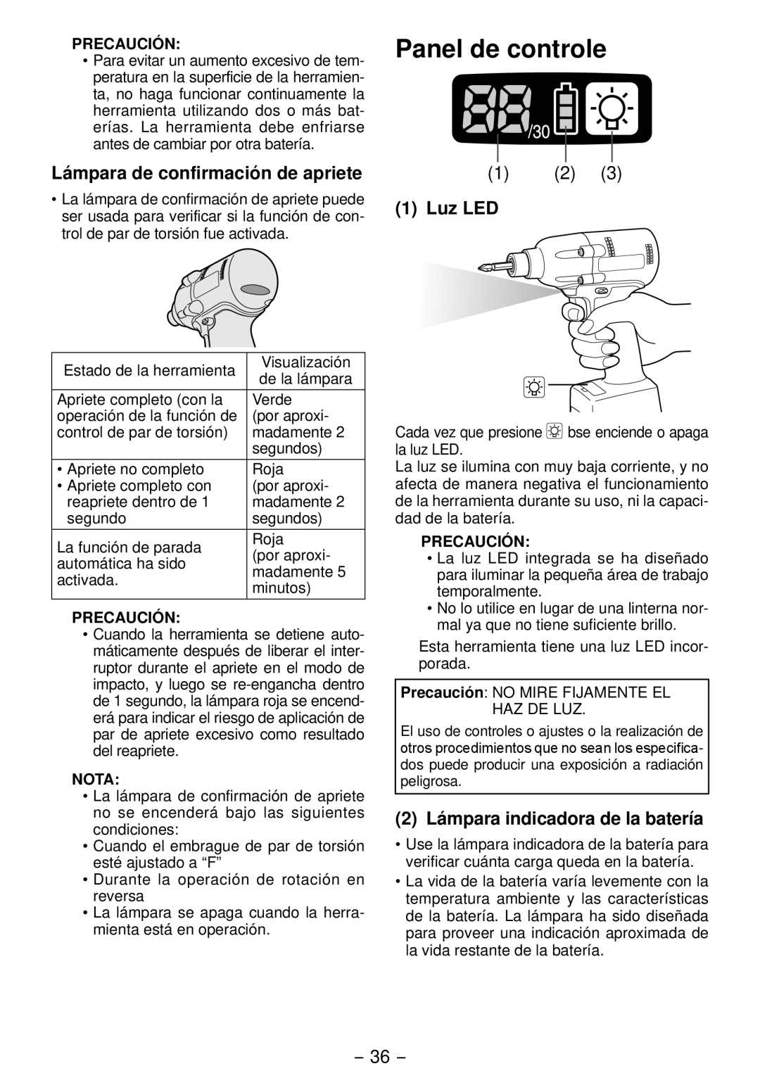 Panasonic EYFLA2Q Panel de controle, Lámpara de confirmación de apriete, Luz LED, Lámpara indicadora de la batería 