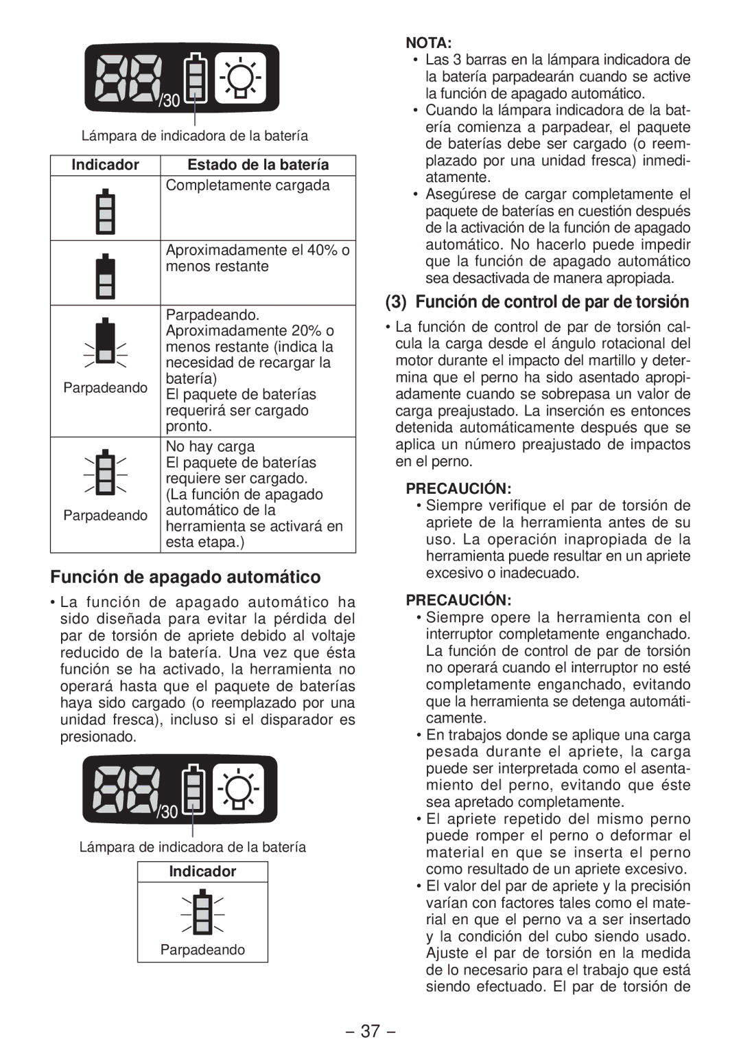 Panasonic EYFLA3J Función de apagado automático, Función de control de par de torsión, Indicador Estado de la batería 