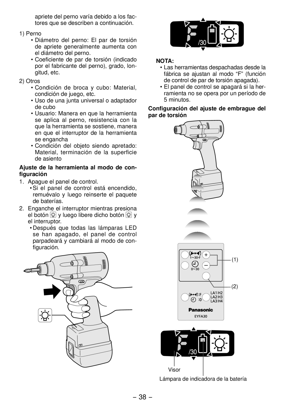 Panasonic EYFLA1A, EYFLA2Q, EYFLA3J, EYFLA2A operating instructions Ajuste de la herramienta al modo de con­ figuración 