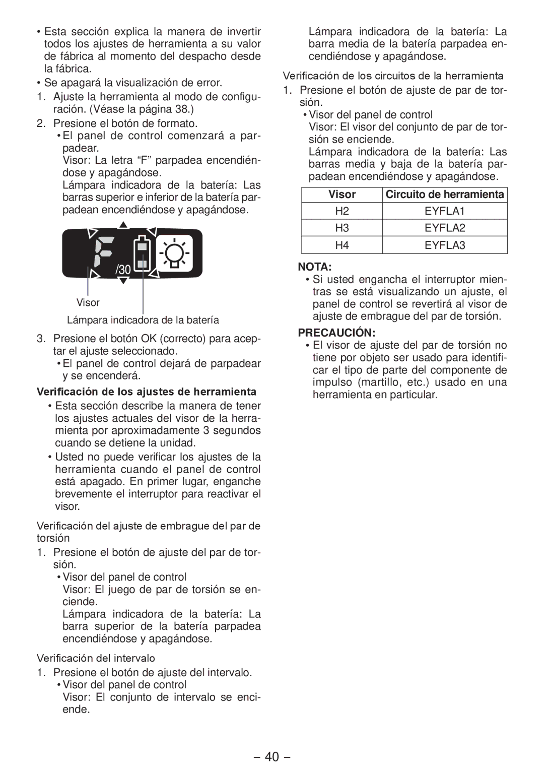 Panasonic EYFLA2Q, EYFLA3J, EYFLA1A, EYFLA2A operating instructions Verificación de los ajustes de herramienta 