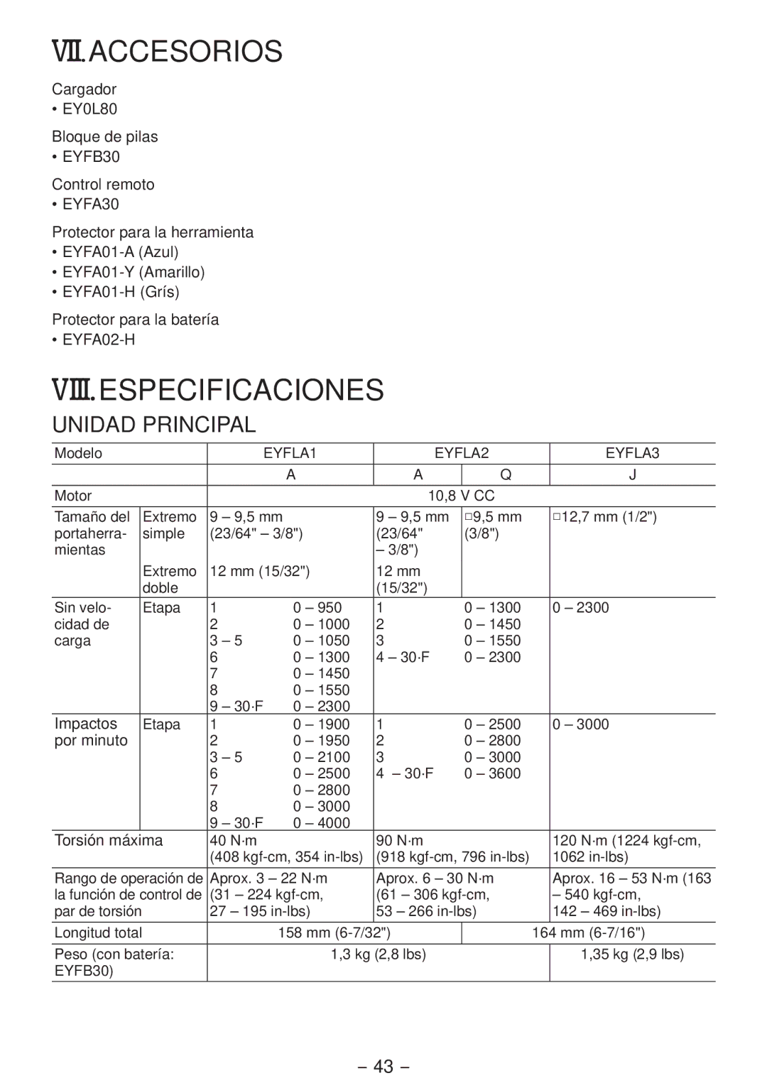 Panasonic EYFLA2A, EYFLA2Q, EYFLA3J, EYFLA1A operating instructions Vii.Accesorios, Viii.Especificaciones 