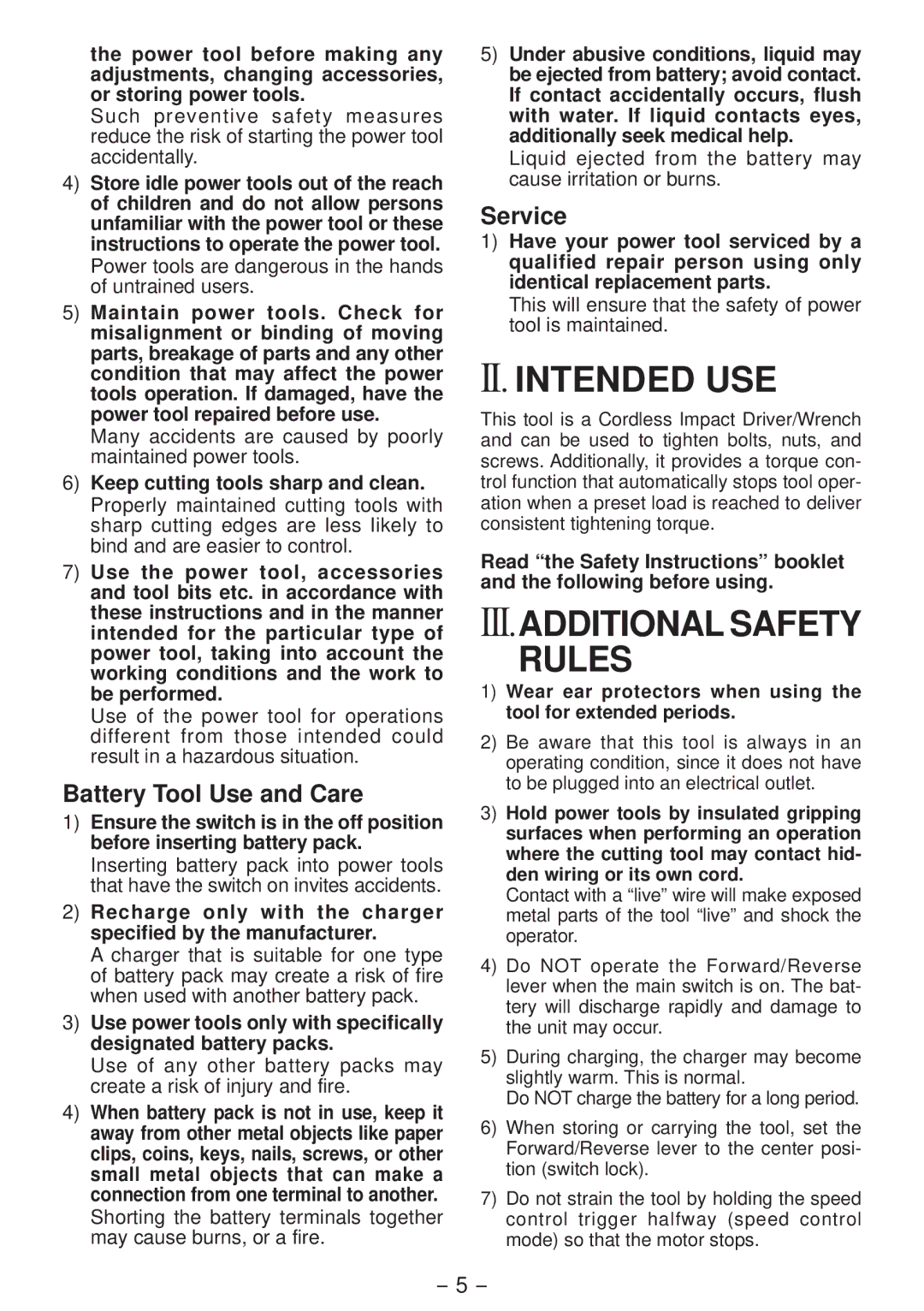 Panasonic EYFLA3J, EYFLA2Q, EYFLA1A II. Intended USE, III.ADDITIONAL Safety Rules, Battery Tool Use and Care, Service 