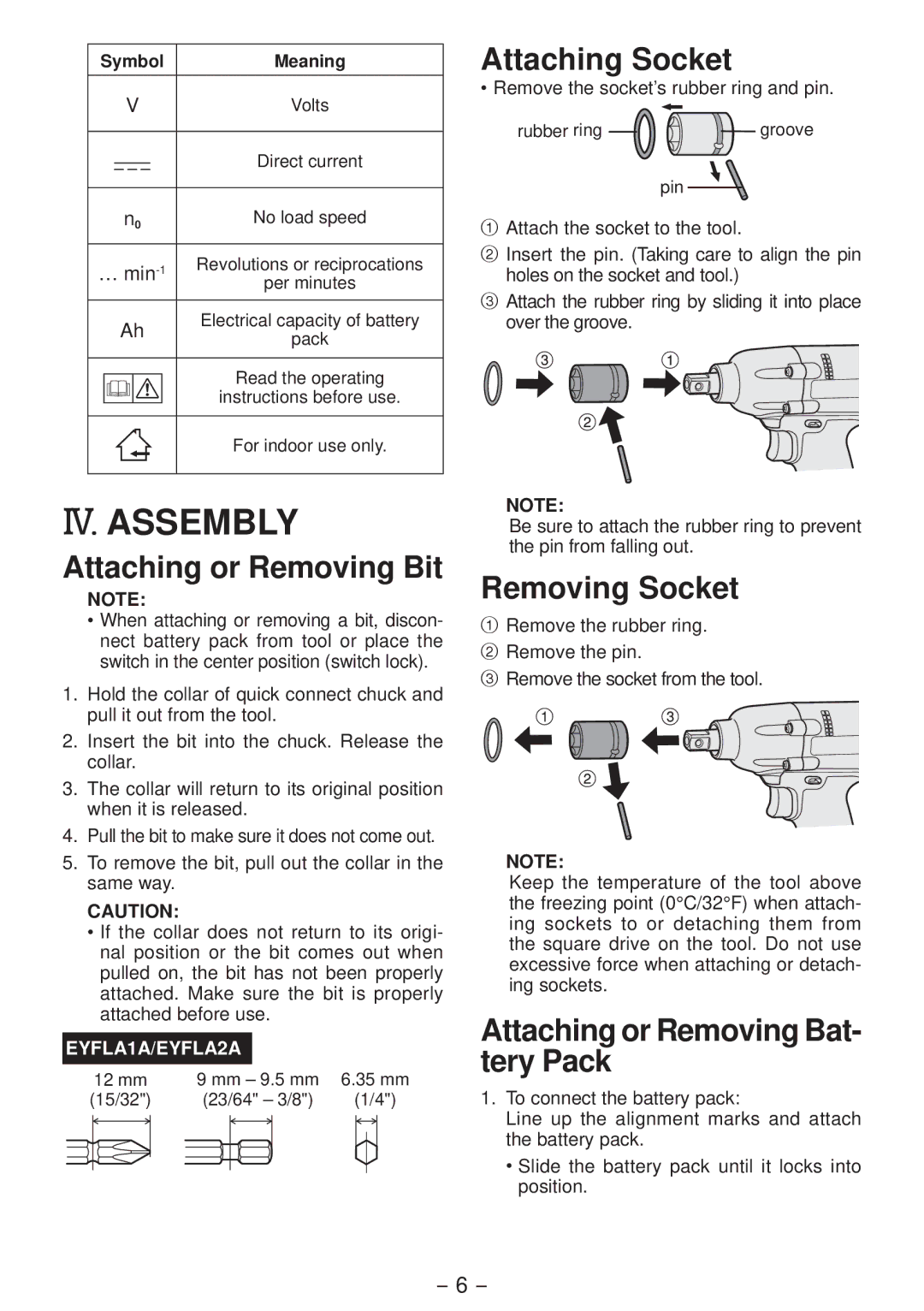 Panasonic EYFLA1A, EYFLA2Q, EYFLA3J, EYFLA2A IV. Assembly, Attaching Socket, Attaching or Removing Bit, Removing Socket 