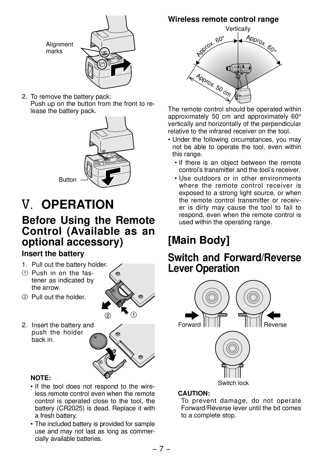 Panasonic EYFLA2A, EYFLA2Q, EYFLA3J Main Body Switch and Forward/Reverse Lever Operation, Wireless remote control range 