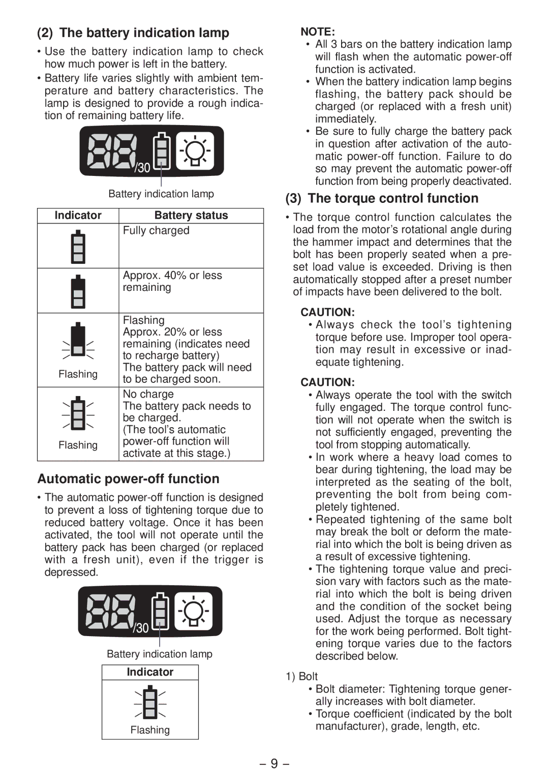 Panasonic EYFLA3J Battery indication lamp, Automatic power-off function, Torque control function, Indicator Battery status 