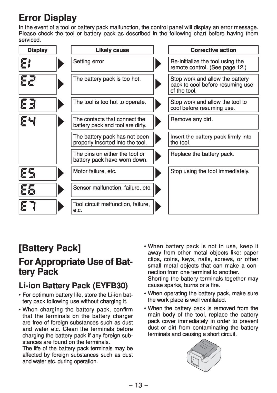 Panasonic EYFLA3J, EYFLA2Q Error Display, Battery Pack For Appropriate Use of Bat­ tery Pack, Li-ion Battery Pack EYFB30 