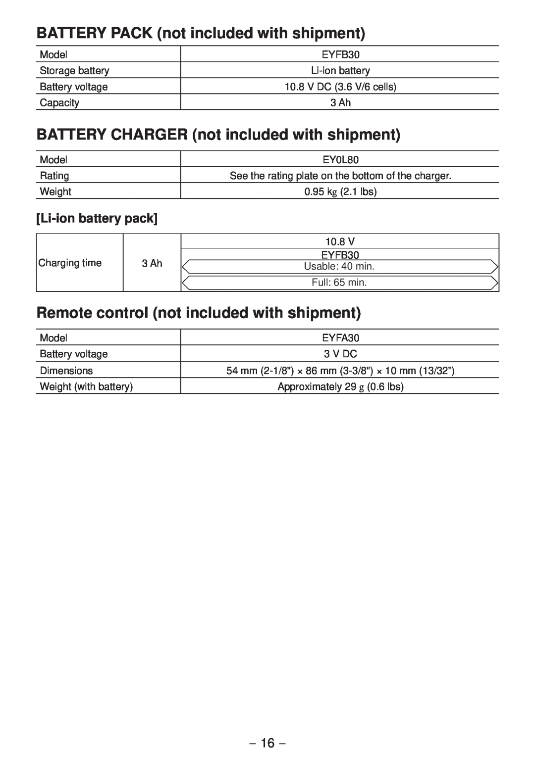 Panasonic EYFLA2Q BATTERY PACK not included with shipment, BATTERY CHARGER not included with shipment, Li-ion battery pack 