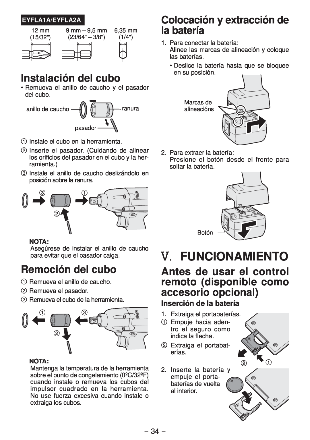 Panasonic EYFLA1A V. Funcionamiento, Instalación del cubo, Remoción del cubo, Colocación y extracción de la batería, Nota 